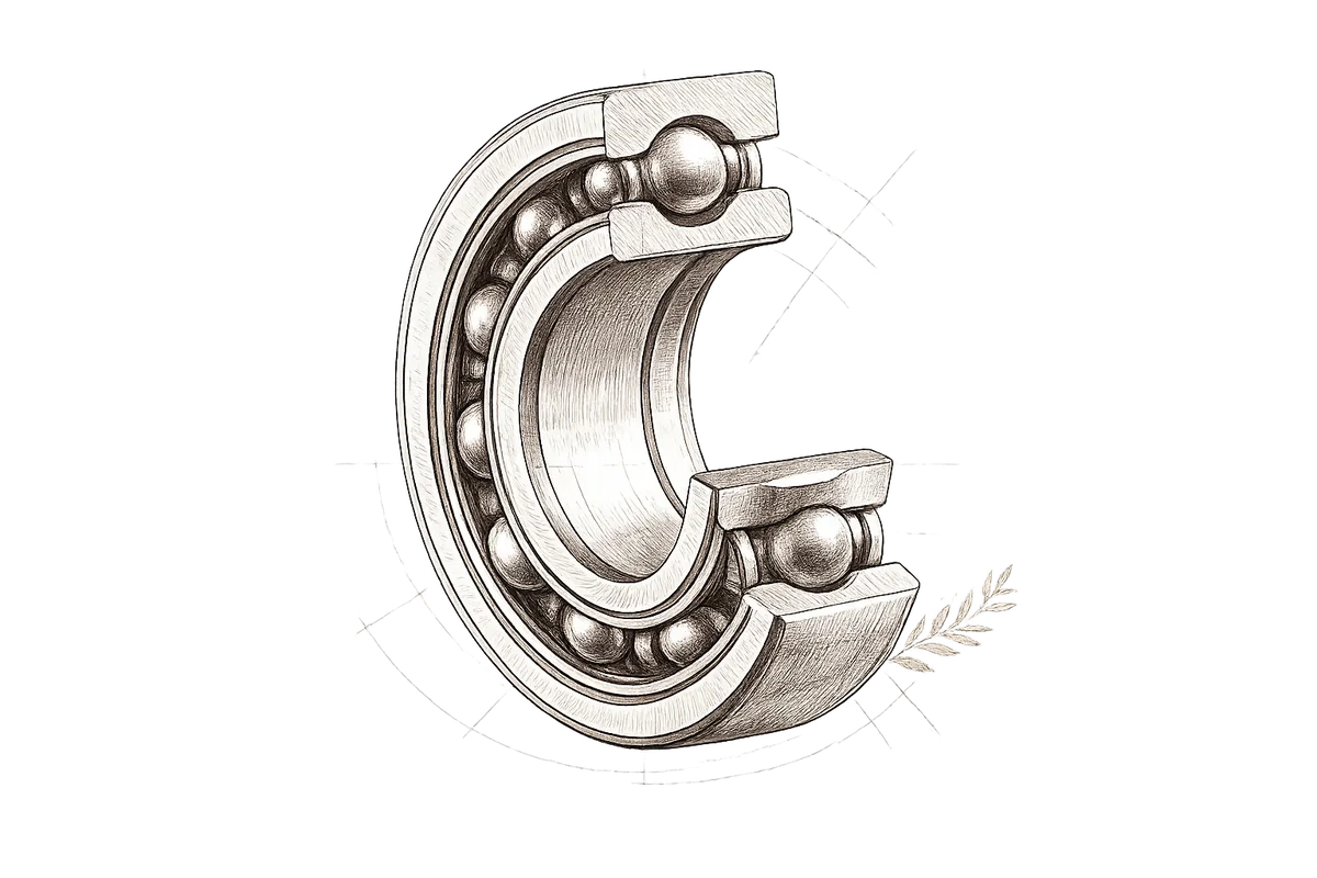 Illustrated cross-section of a rolling bearing, showing raceways and ball elements