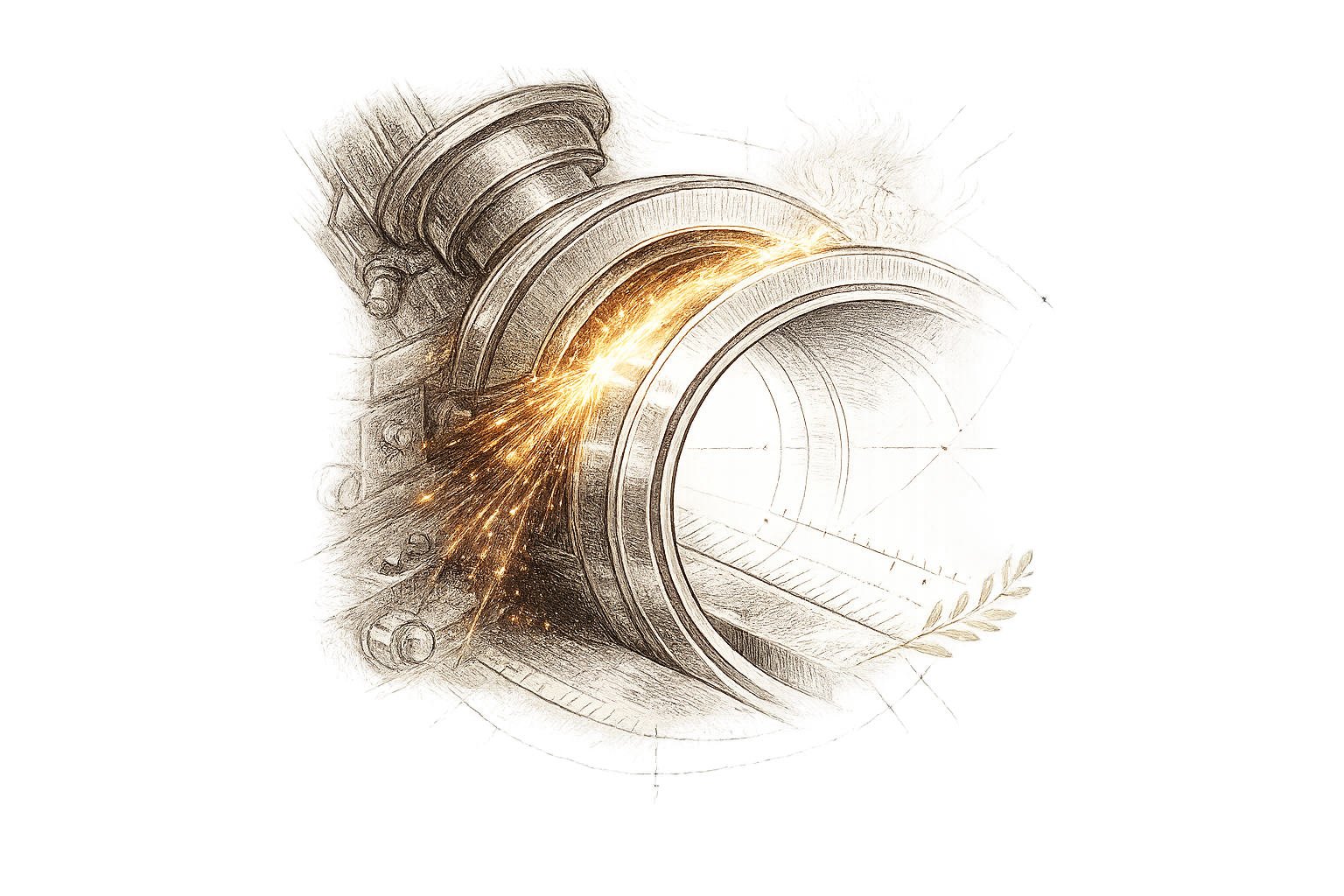 Illustration of a bearing race during grinding, with sparks flying from the heat-treated surface