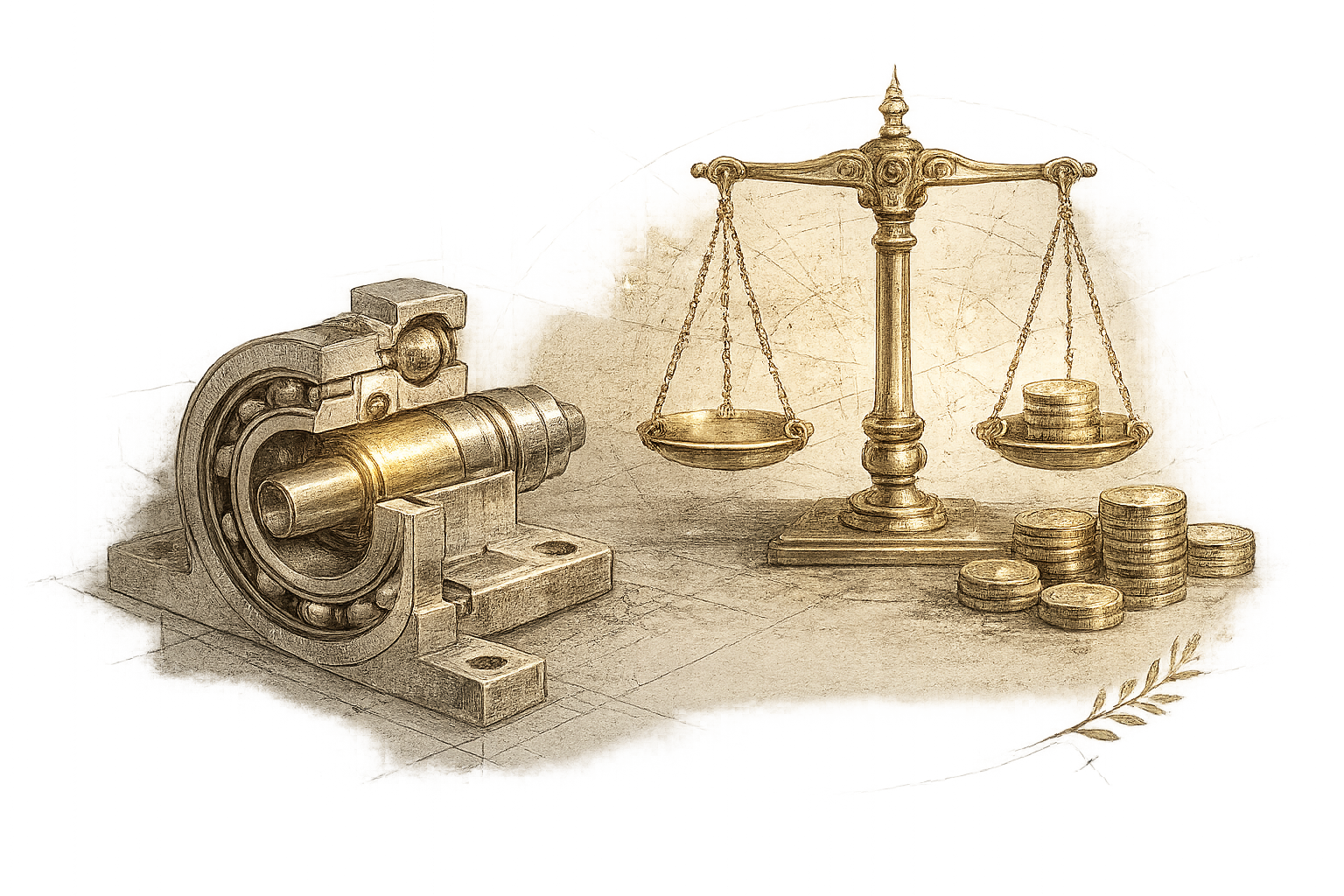 Illustration of a precision bearing component beside a balance scale and coins, representing cost engineering