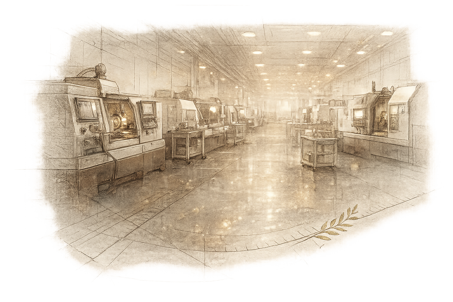 Illustration of a precision manufacturing shop floor with CNC machines in a row