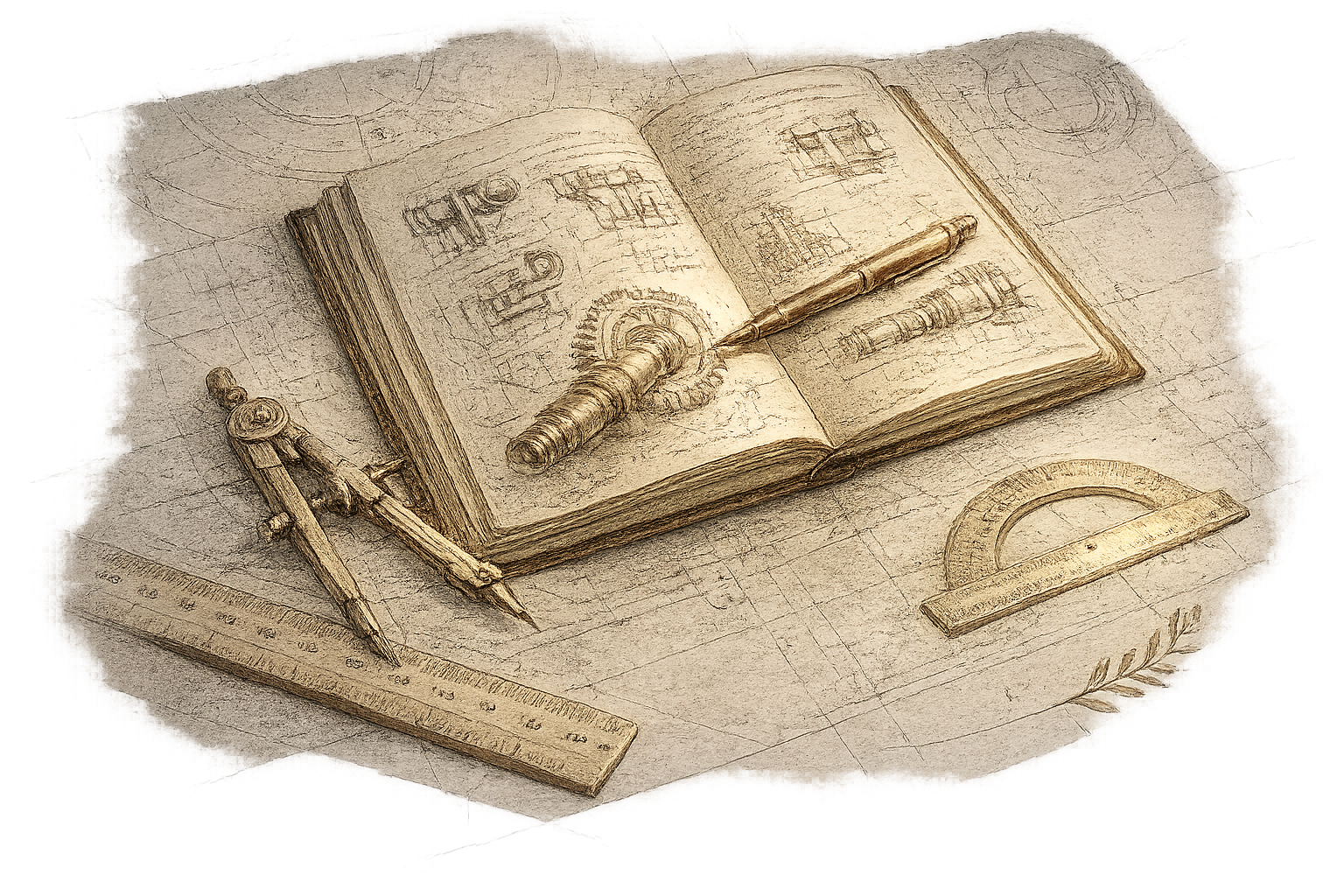 Illustration of an open technical notebook with drafting tools